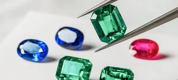 Pinzas sostienen una esmeralda verde brillante, rodeada de zafiros azules y un rubí rosa. Un tesoro de piedras preciosas.