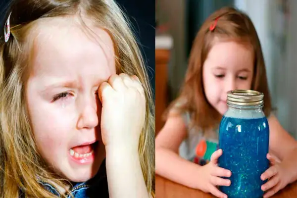 Niña llorando a la izquierda, y a la derecha, la misma niña observando un tarro de la calma lleno de líquido azul brillante.