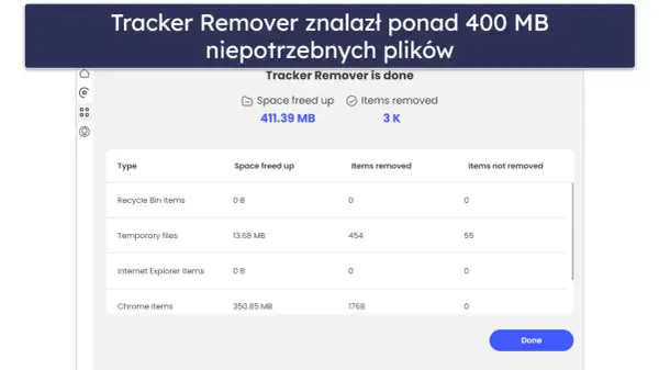Wynik skanowania Tracker Remover: zwolniono 411 MB, usunięto 3 tys. elementów. Podobnie jak mcafee anti-virus, program dba o czystość systemu.
