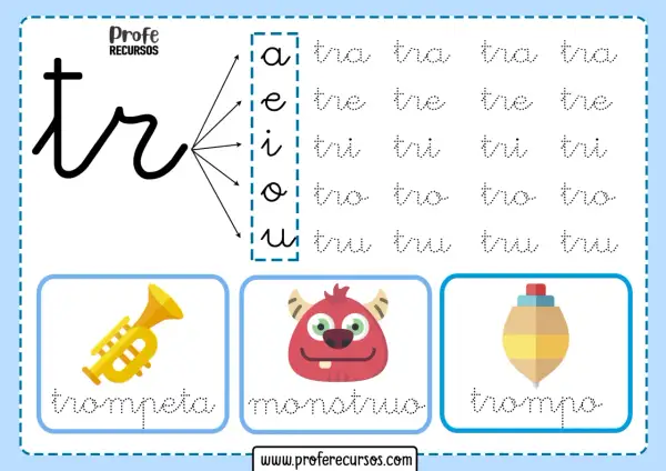 Hoja de práctica para trazar palabras con "tr": trompeta, monstruo y trompo. Incluye sílabas como tra, tre, tri, tro, tru.