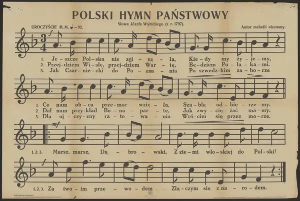 Nuty pieśni "Mazurek Dąbrowskiego", gdzie słowa brzmią: "Jeszcze Polska nie zginęła".