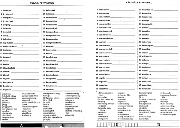 Lists of Swedish words and their synonyms, organized into columns.