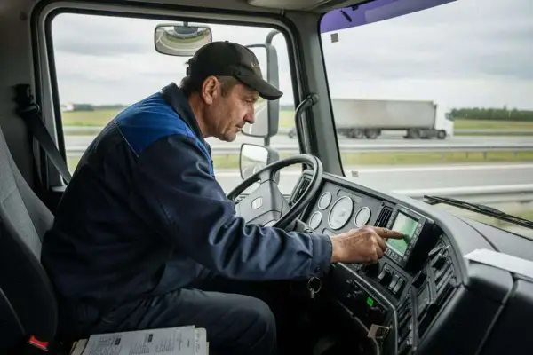 Conducteur de poids lourds interagissant avec le chronotachygraphe, un outil essentiel pour la gestion des temps de conduite et de repos.