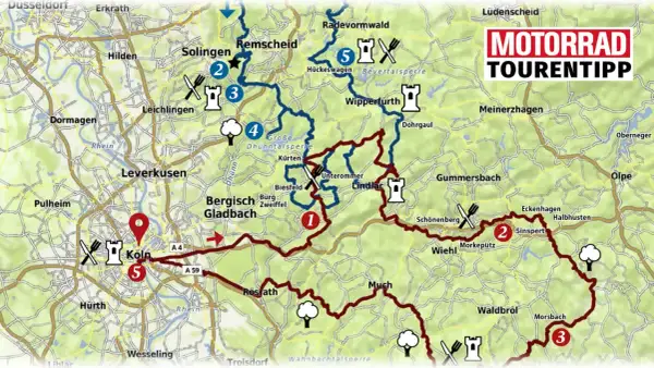 Karte mit einer roten Route für eine Motorrad Tour durch das Bergische Land. Stationen sind Köln, Solingen, Wipperfürth und Waldbröl.