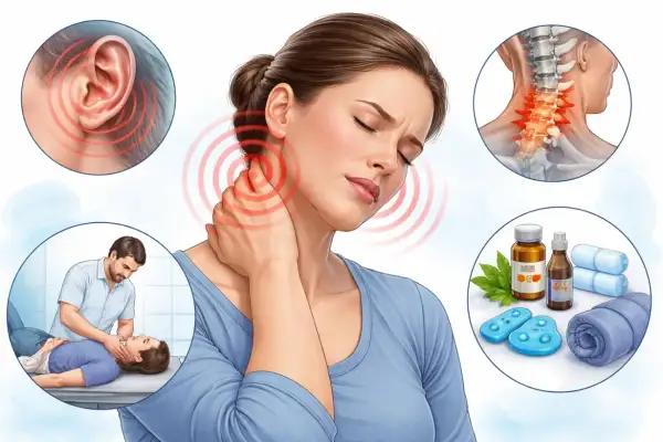 Donna con dolore osso dietro orecchio cervicale, evidenziato da cerchi rossi. Illustrazioni mostrano orecchio, collo, colonna vertebrale, fisioterapia e rimedi.