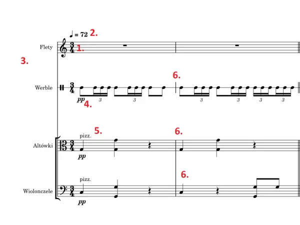 Fragment partytury: flety, werble, altówki i wiolonczele. Tempo 72, dynamika pp. Tło utworu.