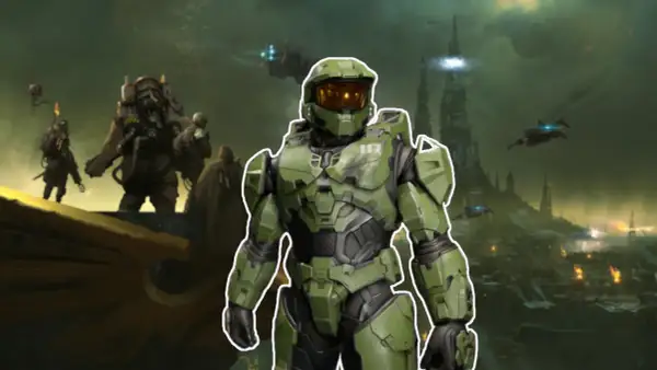 Master Chief steht im Vordergrund, umgeben von einer dystopischen Landschaft mit Türmen und Flugzeugen. Ein Symbol für die besten Xbox exclusive games.