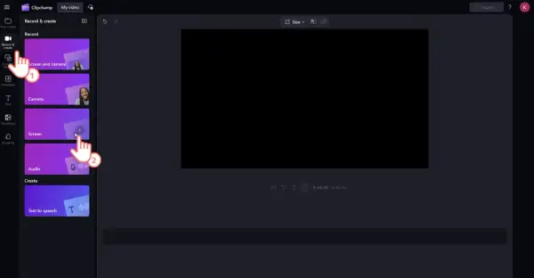 Rozpoczynanie nagrywania ekranu z dźwiękiem w Clipchamp. Kliknij "Screen" (2), aby rozpocząć.