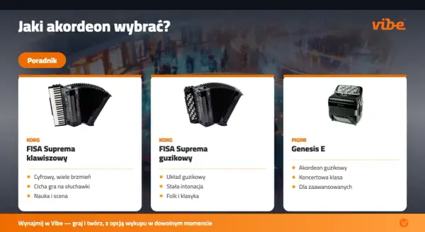 Poradnik wyboru akordeonu: KORG Fisa Suprema (klawiszowy i guzikowy) oraz Pigini Genesis E. Idealne do nauki, sceny i wykonywania znanych utworów na akordeon.