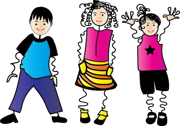 Tres niños sonríen. El de la izquierda lleva camiseta azul y pantalones morados. El del medio, vestido rosa y falda a rayas. El de la derecha, vestido rosa con estrella. ¡Perfectos para aprender sujeto y predicado 2 primaria!