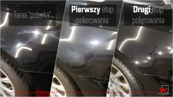 Porównanie efektów polerowania: tania polerka vs. profesjonalne etapy. Widoczne hologramy i zmatowienie lakieru po taniej metodzie, a po profesjonalnym polerowaniu głęboki połysk i brak śladów oksydacji.