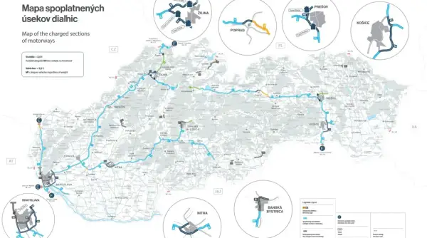 Mapa spoplatnených úsekov diaľnic na Slovensku. Zobrazuje diaľnice, ktoré vyžadujú **winiety Słowacja** pre vozidlá do 3,5 t a kategórie M1.