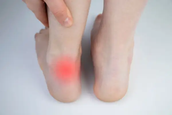 Douleur au talon, une zone rouge indique une inflammation. Pour soulager, quelle eau boire pour les tendons ? L'hydratation est clé.