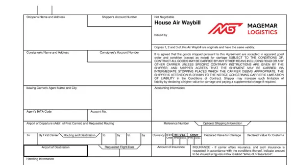 Dokument House Air Waybill z danymi nadawcy, odbiorcy i szczegółami transportu.