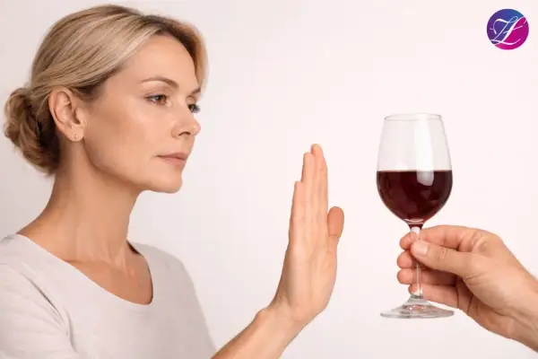 Kobieta odrzuca kieliszek wina, sugerując, że po narkozie można pić alkohol.