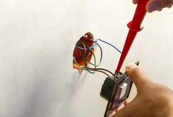 Instalator podłącza podwójny włącznik światła, używając próbnika do przewodów. Pokazano, jak podłączyć włącznik światła podwójny trzy przewody.