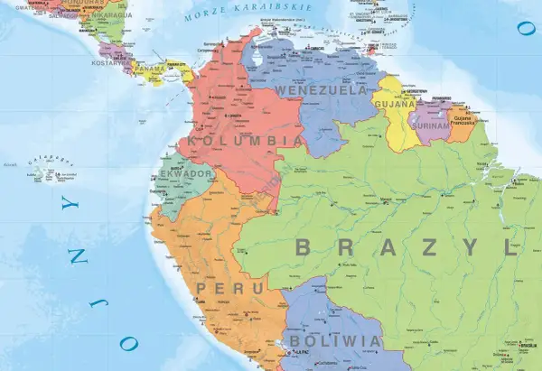 Mapa polityczna Ameryka Południowa kraje: Brazylia, Peru, Kolumbia, Wenezuela, Ekwador, Boliwia, Gujana, Surinam, Gujana Francuska.