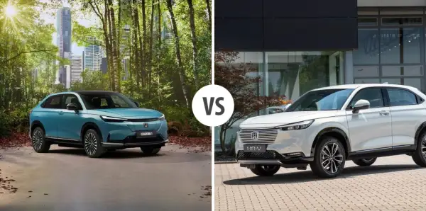 Dwa modele Honda HR-V: jeden niebieski na tle lasu i miasta, drugi biały przed nowoczesnym budynkiem.