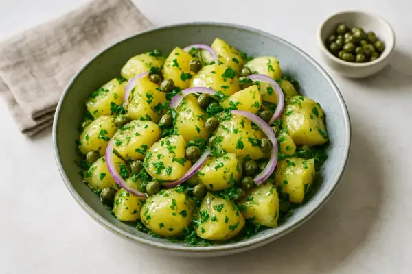 En skål med potatissallad med kapris, färsk persilja och rödlök. En klassisk svensk sommarsallad.