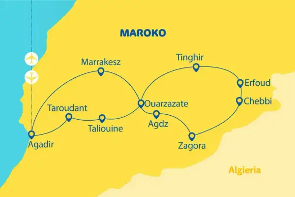 Mapa Maroka z trasą turystyczną: Agadir, Taroudant, Marrakesz, Ouarzazate, Agdz, Zagora, Tinghir, Erfoud, Chebbi. Dwa samoloty sugerują, ile się leci do Maroko.