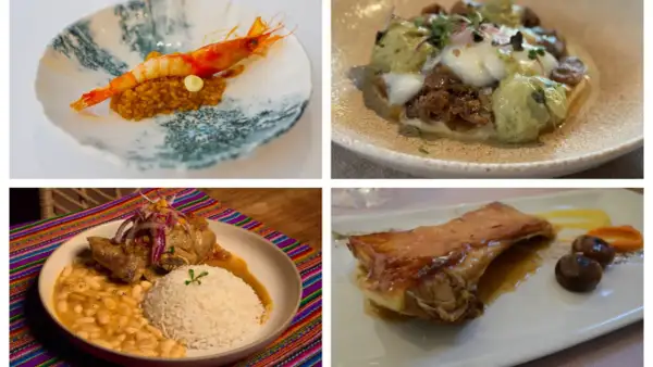 Cuatro platos exquisitos: gamba con arroz, huevo con puré verde, carne con frijoles y arroz, y costilla de cerdo. Un menú especial para el Día del Pilar.