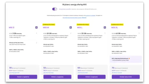 Oferty MIX S, M, L, XL z pakietem solo m play. Wybierz swój plan internetowy i minuty.