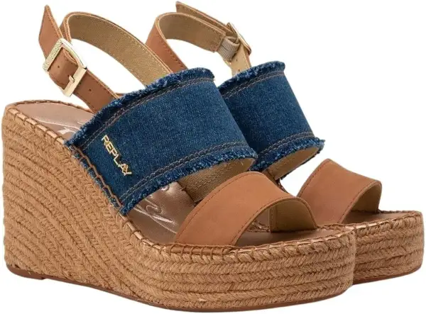 Sandali con zeppa Replay in denim e cuoio, perfetti per un look estivo casual.