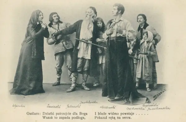 Scena z "Dziadów cz. IV": Guślarz z laską, obok postacie w strojach ludowych, w tym Wysocka i Zawierski.