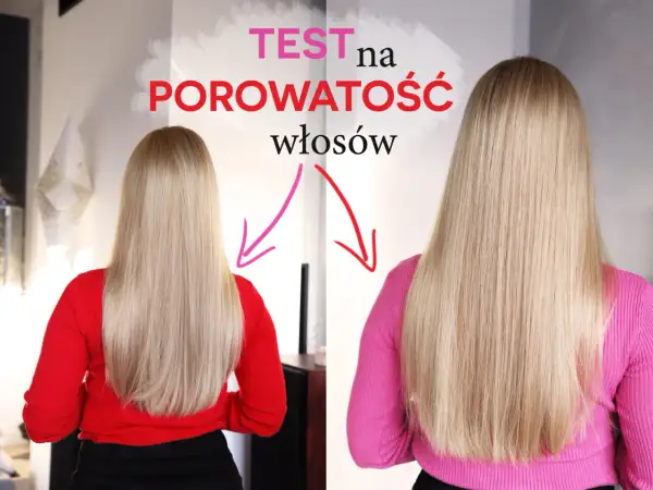 Test na porowatość włosów: porównanie efektów po zabiegu. Długie, blond włosy w czerwonym i różowym swetrze.
