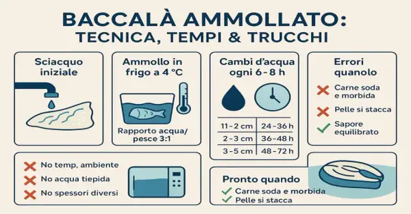 Guida per l'ammollo del baccalà: sciacquo iniziale, ammollo in frigo a 4°C, cambi d'acqua ogni 6-8 ore, tempi variabili per spessore. Evitare errori comuni.