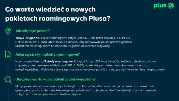 Planujesz roaming w Niemczech? Plus oferuje pakiety roamingowe na 3 strefy: Europa, USA i Świat. Aktywuj przed wyjazdem!