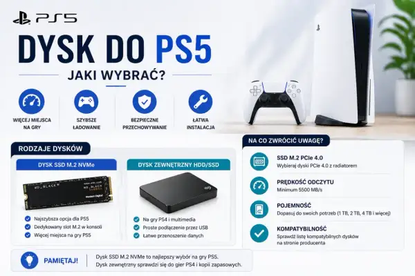Poradnik wyboru dysku do PS5: SSD M.2 NVMe dla najlepszych wrażeń, dysk zewnętrzny HDD/SSD na gry PS4 i kopie zapasowe.