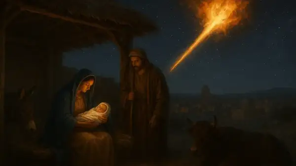 Narodzenie Jezusa w stajni. Maryja tuli Dzieciątko, Józef czuwa. Nad Betlejem jaśnieje niezwykła gwiazda, być może gwiazda Remphana, zapowiadająca wielkie wydarzenie.