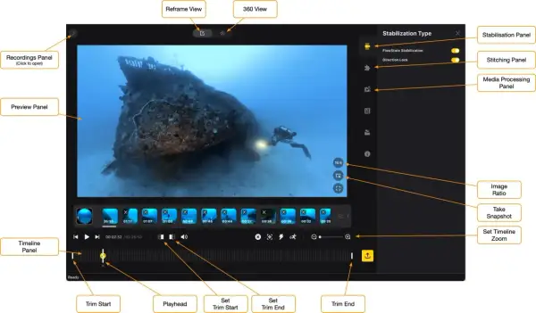 Interfaccia di Insta360 Studio con video di un subacqueo vicino a un relitto. Pannelli per editing, stabilizzazione e timeline.