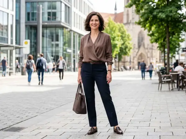 Eine Frau mit brauner Bluse und dunkler Hose steht lächelnd auf einer belebten Straße. Sie trägt eine braune Handtasche und braune Loafer. Ein breiter Typ von Stadtbild im Hintergrund.