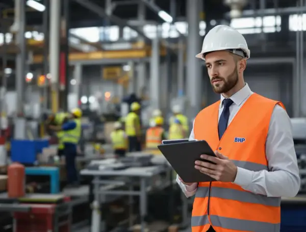 Inspektor BHP w kamizelce odblaskowej i kasku trzyma tablet na tle hali produkcyjnej.