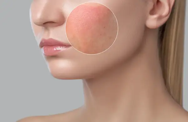 Gros plan sur une joue avec une tache rouge, montrant la texture de la peau et quelques imperfections.