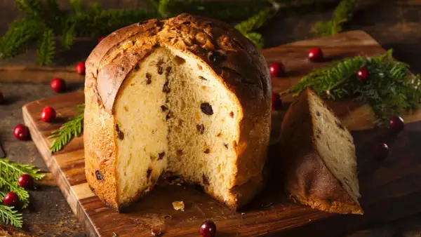 Ein köstlicher Panettone, perfekt für ein sizilianisches Panettone Rezept, mit Rosinen und Nüssen, dekoriert mit Cranberries und Tannenzweigen.