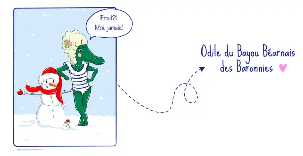 Une alligator en maillot de bain, indifférente au froid, à côté d'un bonhomme de neige. Avis pompe à chaleur grand froid : elle n'en a pas besoin !