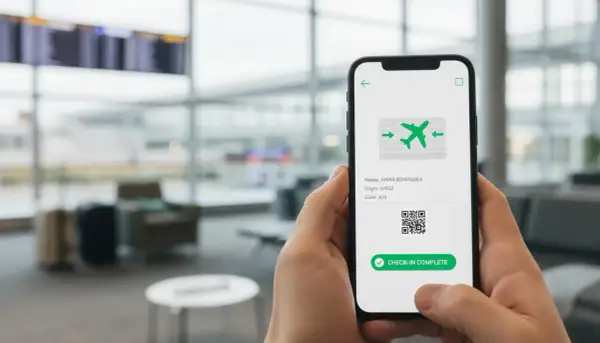 Ręka trzyma smartfon z potwierdzeniem odprawy online. Na ekranie widnieje imię i nazwisko, numer lotu, bramka oraz kod QR.