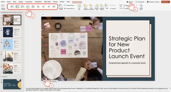 Prezentacja PowerPoint z widokiem kamery i menu "Camera Format". Kliknięcie "Record" (3) rozpoczyna nagrywanie.