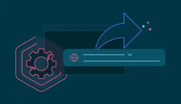 Abstract illustration of a gear within a hexagon, a browser window, and an arrow indicating a process or export.