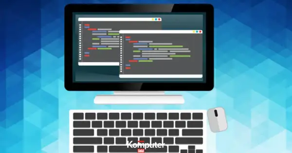 Monitor z kodem, klawiatura i myszka – to narzędzia do tworzenia w aplikacjach do programowania.