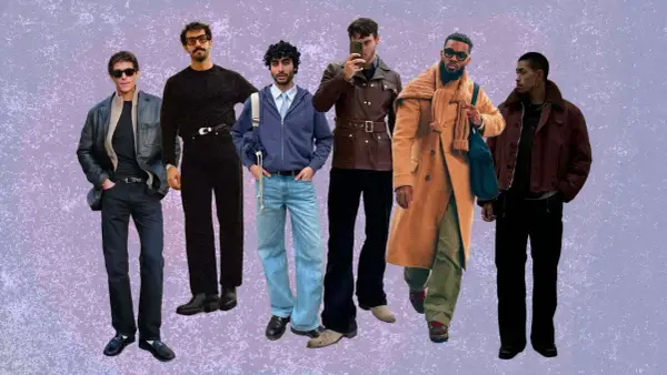 Six hommes stylés, chacun un influenceur mode homme, présentent des looks variés.