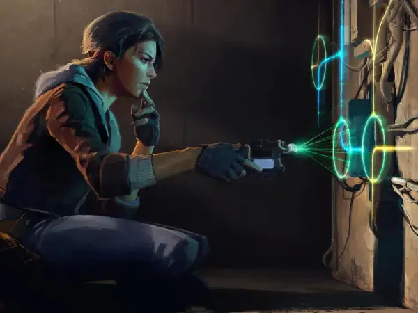 Alyx Vance z Half-Life: Alyx na PS5 manipuluje energią za pomocą swojego pistoletu, tworząc zielone wiązki światła.