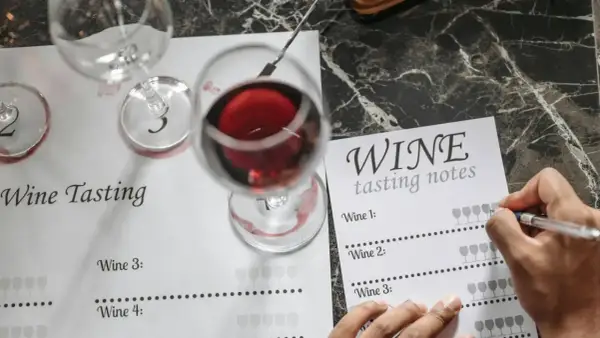 Degustacja wina: notatki z degustacji, kieliszki z czerwonym winem i formularz do zapisywania wrażeń.