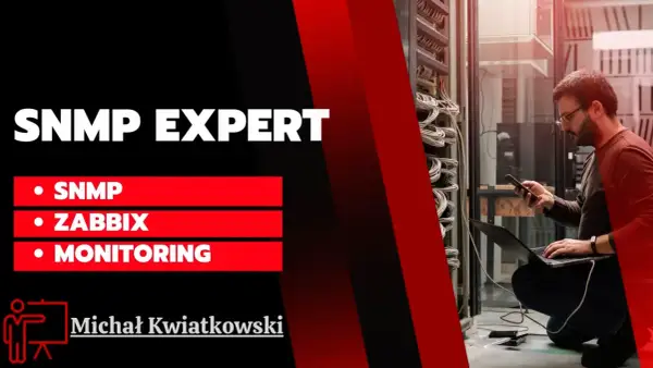 Michał Kwiatkowski, SNMP EXPERT, zajmuje się monitoringiem sieci z wykorzystaniem Zabbix. W tle serwerownia.