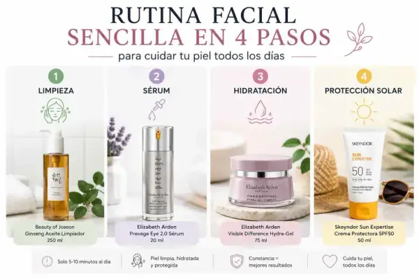 Rutina facial en 4 pasos para mejorar piel cara: limpieza, sérum, hidratación y protección solar. Productos de Beauty of Joseon, Elizabeth Arden y Skeyndor.