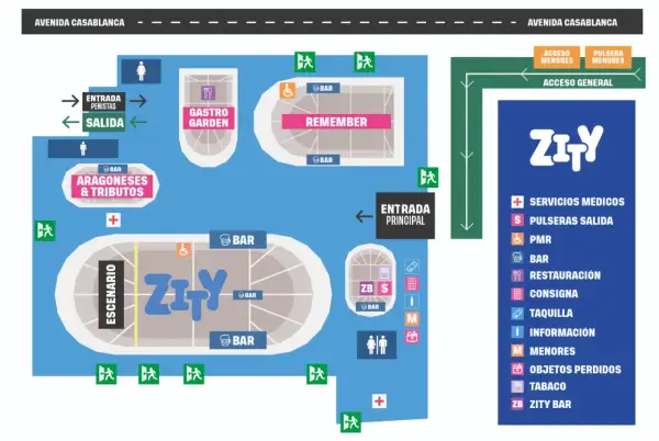 Mapa del concierto Espacio Zity: escenario, bares, zonas de restauración, accesos y servicios.