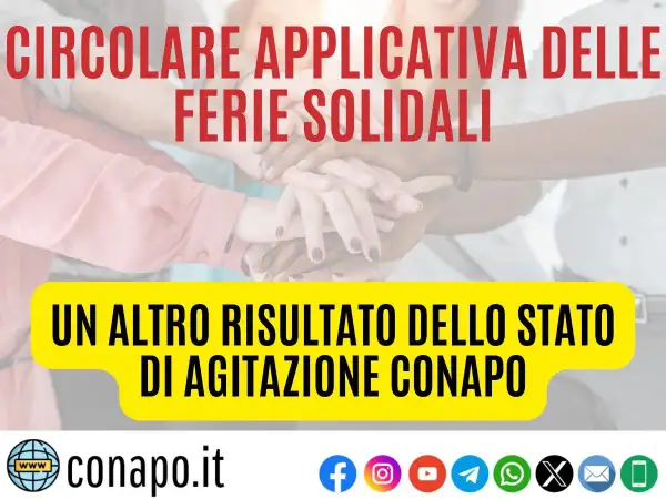 Circolare applicativa sulle ferie solidali, un risultato dello stato di agitazione CONAPO. Mani unite simboleggiano la solidarietà.